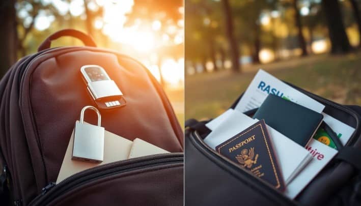 A backpack in a sunlit park with a lock, notebook, passport, and documents visible from open pockets, conveying a sense of travel and exploration.