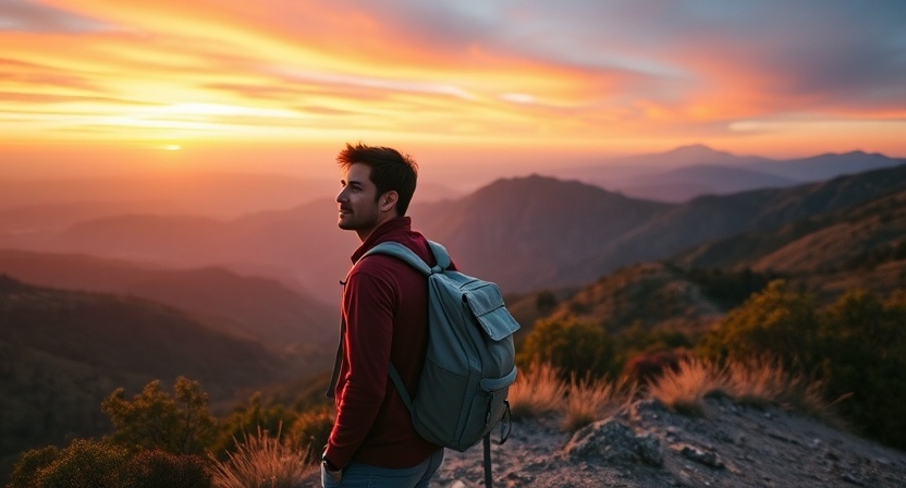 A man with a backpack gazes at a vibrant sunset over a mountainous landscape. The scene conveys a sense of adventure and tranquility.