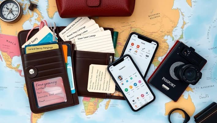 Travel essentials spread on a world map, including a compass, wallet, cards, two smartphones, a camera, and a passport. The scene conveys a sense of adventure.